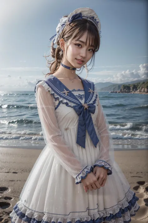 (realistic:1.3), finely detailed, quality, rembrandt lighting, (masterpiece:1.2), (photorealistic:1.2), (best quality), (detailed skin:1.3), (intricate details), dramatic, ray tracing, 1girl, japanese girl, 21 years old, detailed skin texture, (blush:0.5), (goosebumps:0.5), subsurface scattering, smiling, medium breasts, long hair curls, bangs, hair between eyes, headdress, hair bow, choker, ribbon, bow, white dress, long dress, lace, frills, long sleeves, qhxc \(manaka nemu\), cowboy shot, wariza on sand, (arms at side:1.2), (bright sunny day, outdoors, sky, seaside), <lora:Dress No.11 V3 qhxc:0.8>