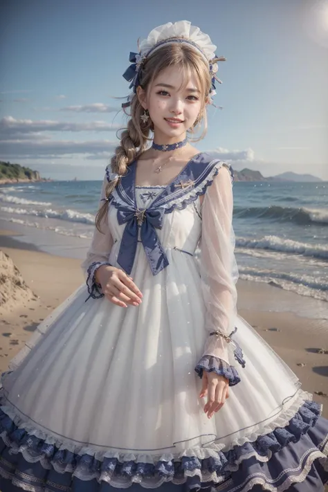 (realistic:1.3), finely detailed, quality, rembrandt lighting, (masterpiece:1.2), (photorealistic:1.2), (best quality), (detailed skin:1.3), (intricate details), dramatic, ray tracing, 1girl, japanese girl, 21 years old, detailed skin texture, (blush:0.5), (goosebumps:0.5), subsurface scattering, smiling, medium breasts, long hair curls, bangs, hair between eyes, headdress, hair bow, choker, ribbon, bow, white dress, long dress, lace, frills, long sleeves, qhxc \(manaka nemu\), cowboy shot, wariza on sand, (arms at side:1.2), (bright sunny day, outdoors, sky, seaside), <lora:Dress No.11 V3 qhxc:0.8>
