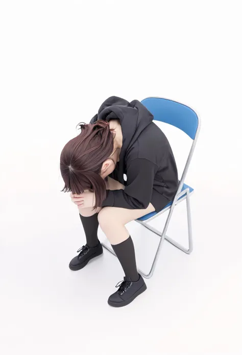 score_9, score_8_up, score_7_up, realistic, photo, BREAK, solo, best quality, dynamic angle, highest detailed nanase kurumi \(menhera-chan\), brown hair, black hoodie, <lora:NanaseKurumi_Menhera-chan_XLPD:1>, black thighhighs, <lora:concept_shinjichair_ponyXL:1> shinjichair, sitting, head down
