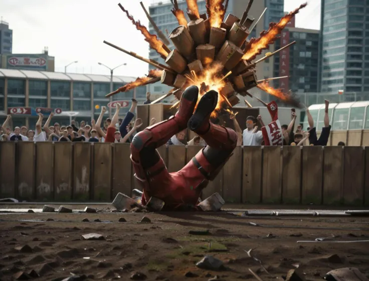 score_9, score_8_up, score_7_up, source_anime source_manga source_game, rating_safe (tokusatsu_explosion_effect:1.65) _explosion_effects, <lora:Deadpool_PONY:0.85> (solo 1boy:1.0) deadpool, deadpool \(movieoutdoors, building, city, <lora:ichizoku_pose_pony:1.25> ke_no_ichizoku_pose, artistic swimming pose, lense flare , expression_splash , commercial poster , high contrast , motion blur ,bokeh s