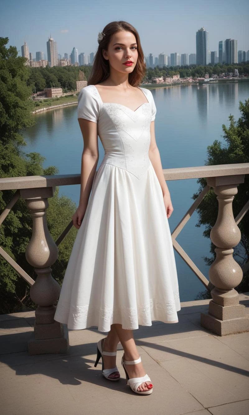 score_9, score_8_up, score_7_up, rating_safe, realistic, photo, high quality, a 30yo man, red lips, flat chest, elegant chiffon dress, short sleeves, heels, sandals, city, lake, trees, detailed background