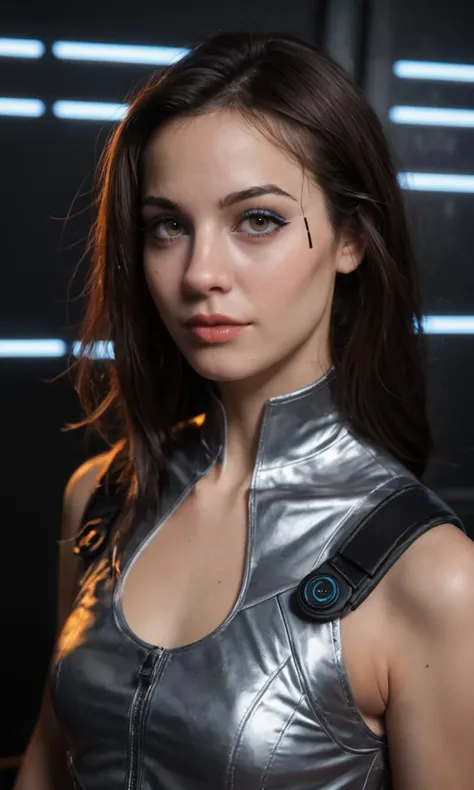 score_9, score_8_up, score_7_up, rating_safe, realistic, photo, dynamic angle, dramatic shadows, high quality, BREAK, cyberpunk, blue lights, cinematic portrait photo, young woman with (shoulder-length)0.5 brunette hair and hazel eyes, wearing a black formfitting high-tech futuristic outfit and pants