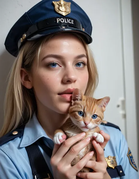 score_9, score_8_up, score_7_up, realistic, photo, detailed face, detailed skin, BREAK, 1girl, police officer, junior officer, blonde hair, blue eyes, holding kitten