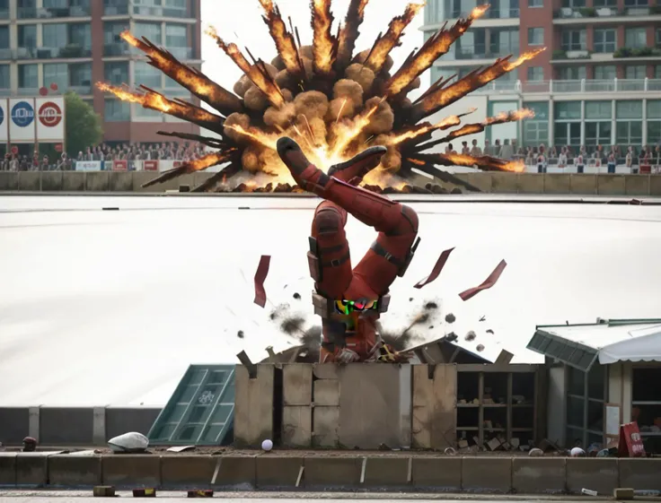 score_9, score_8_up, score_7_up, source_anime source_manga source_game, rating_safe (tokusatsu_explosion_effect:1.65) _explosion_effects, <lora:Deadpool_PONY:0.85> (solo 1boy:1.0) deadpool, deadpool \(movieoutdoors, building, city, <lora:ichizoku_pose_pony:1.25> ke_no_ichizoku_pose, artistic swimming pose, lense flare , expression_splash , commercial poster , high contrast , motion blur ,bokeh photorealistic, ultrarealistic, raw_photo, highres, ultrares, absurdres,