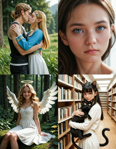 https://civitai.com/articles/5300 ___ All images: score_9, score_8_up, score_7_up ___ 1st image: 1girl, 1boy, Princess_Zelda, \(The_Legend_of_Zelda:_Breath_of_the_Wild\), standing, kiss, hug, closed_eyes ___ 2nd image: 1girl, lovely face, portrait, close-up, looking_at_viewer, closed_mouth ___ 3rd image: 1girl, solo, blonde_hair, wavy_hair, angel, angel_wings, halo, smile, sitting, forest, white_dress ___ 4th Image: 1girl, solo, long_hair, black_hair, blunt_bangs, straight_hair, round_eyewear, cat_girl, cat_ears, cat_tail, standing, hug cat, looking_at_viewer, library