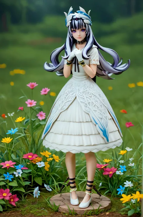 score_9, score_8_up, score_7_up, score_6_up, zPDXL2, outdoor, grass, flowers, column, <lora:VeyleFE-pdxl:1> casVeyl, purple eyes, long hair, multicolored hair, feather hair ornament, white dress, black ribbon, short sleeves, white gloves, ankle cuffs, white shoes, figure, looking at viewer, cowboy shot, <lora:Anime_Figure_P1:1>,