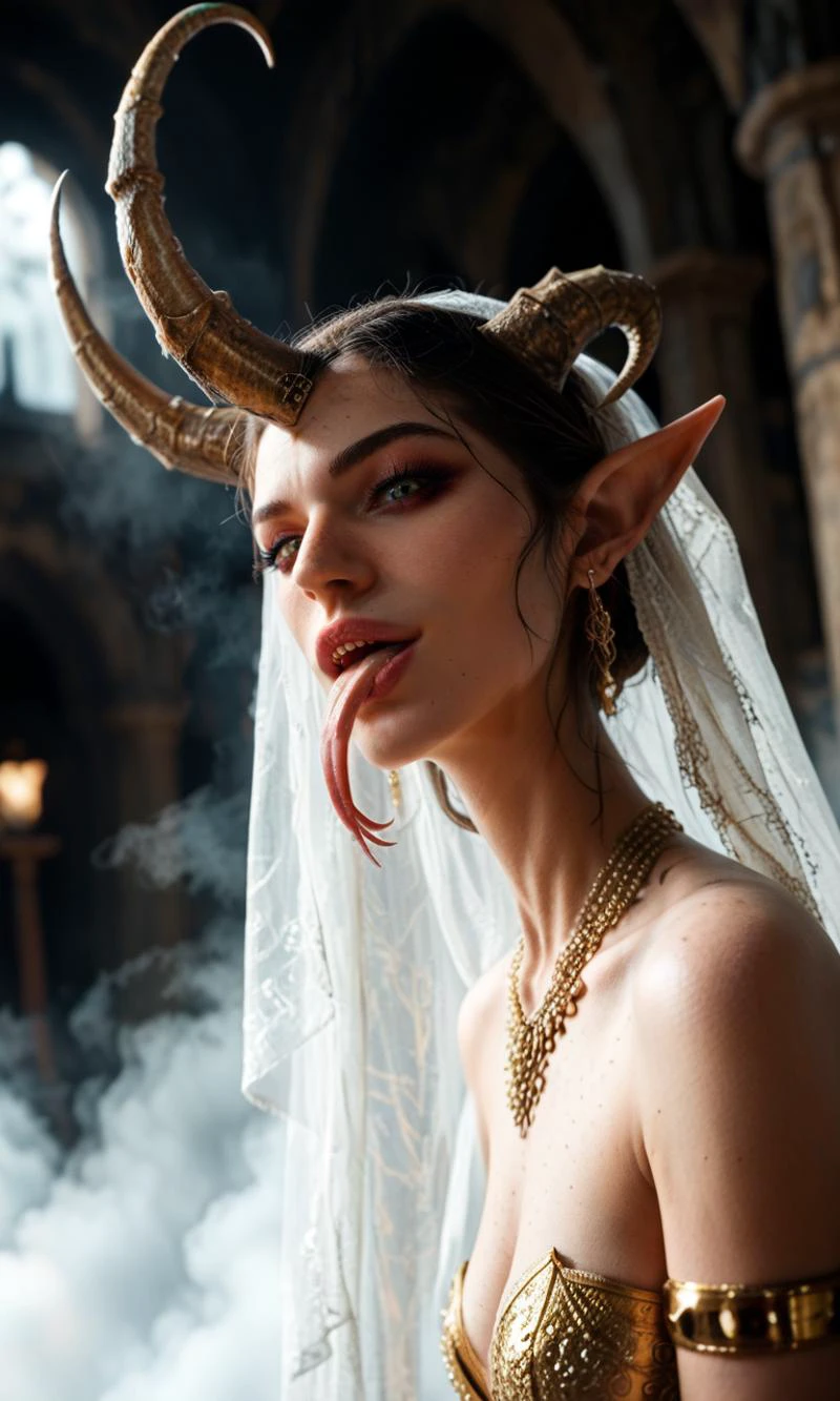 photograph, score_10, score_9_up, score_8_up, score_7_up, score_6_up, score_5_up, score_4_up, detailed face eyes and skin, photo, raw lighting, BREAK,
small breasts, ((Statuesque, Regal, Majestic), promoting body positivity:1.3), portrait, BREAK
(Crimson velvet bodice, gold thread, flowing skirt, strapless, golden belt, golden sandals, sharp claws, piercing green eyes, dragon-like wings, twisted golden horns, gold anklets, layered gold necklace, spiked bracelets, golden rings, intricate patterns, sheer veil, sharp fangs, pointed ears, shimmering fabric, golden brooch, shadowy aura, forked tongue, spectral apparitions, flickering shadows.:1.49), sourrounded by fog, (sexy, seductive, seductive look, seductive smile, ((at night, low light, dungeon, hell, underworld, creepy)), particle effects, light effects:1.35), bold lines,BREAK
creepy atmopshere, low light, fog, Mythological High-Fantasy Realism, abstract, Surrealistic, fog, foggy, mystic,BREAK
sexy, seductive, Expressiveh, realistic, detailed, 8k, UHD, (realisitic skin, skin pores, skin fuse:1.2), film grain, zPDXLxxx,perfect eyes, skin blemish, detailed skin, detailed face, detailed eyes, highly detailed background, traditional media, amateur, real life photo, raw, hyper detailed, dramatic lighting, (intricate details, masterpiece, best quality:1.40), shot from below, dutch angle,,
<lora:add-detail-xl:1.8> <lora:Expressive_H:0.6> <lora:polyhedron_all_sdxl:0.6> <lora:AmateurStyle_v1_PONY_REALISM:0.4> <lora:Complicated Photorealistic Mimic:0.8> <lora:MJ52_v2.0:1>