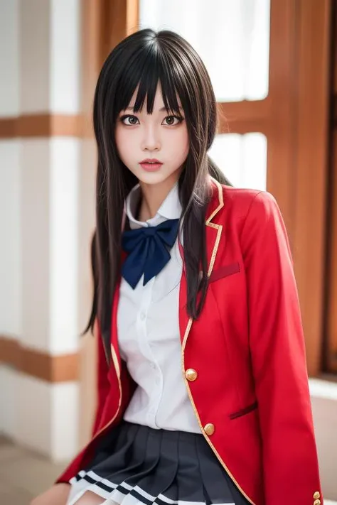ltra-detailed,highly detailed,best quality,masterpiece,illustration,realistic,photorealistic,
1girl, solo, cosplay, 
sjxf, school uniform, red blazer, ascot, collared shirt, white pleated skirt, 
black hair, very long hair, bangs, straight hair, 
looking at viewer,upper body, 
simple background, indoors, 
<lora:sjxf_v1_06:0.7>