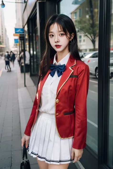 ltra-detailed,highly detailed,best quality,masterpiece,illustration,realistic,photorealistic,
1girl, solo, cosplay, 
sjxf, school uniform, red blazer, ascot, collared shirt, white pleated skirt, 
<lora:sjxf_v1_06:0.7>