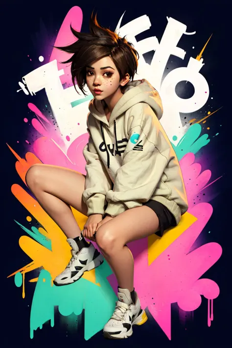 (masterpiece, best quality), ((1girl)), solo, full body, Tracer, <lora:tracerLast:0.8>, ((brown eyes)), white top, black open hoodie, little paint spots on hoodie, (((night))), blacklight, <lyco:style_arknightse2art-10:1.0>, [(black background:1.5)::5], purple graffiti stripes, pink graffiti stripes, little cyan graffiti stripes, , graffiti, <lyco:[LoCon] Graffiti è½æ¸ã Concept:0.5>,