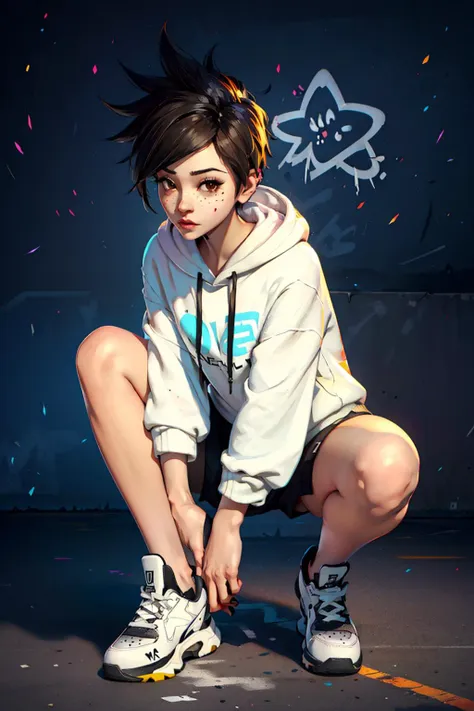 (masterpiece, best quality), ((1girl)), solo, full body, Tracer, <lora:tracerLast:0.8>, ((brown eyes)), white top, black open hoodie, little paint spots on hoodie, (((night))), blacklight, <lyco:style_arknightse2art-10:1.0>, [(black background:1.5)::5], purple graffiti stripes, pink graffiti stripes, little cyan graffiti stripes, , graffiti, <lyco:[LoCon] Graffiti è½æ¸ã Concept:0.5>,