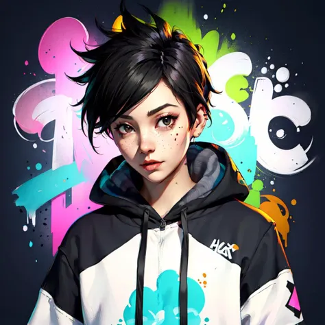 (masterpiece, best quality), ((1girl)), solo, full body, Tracer, <lora:tracerLast:0.8> white top, black open hoodie, little paint spots on hoodie,  (((night))), blacklight, <lyco:style_arknightse2art-10:1.0>, [(black background:1.5)::5], purple graffiti stripes, pink graffiti stripes, little cyan graffiti stripes, , graffiti,  <lyco:[LoCon] Graffiti è½æ¸ã Concept:0.5>,