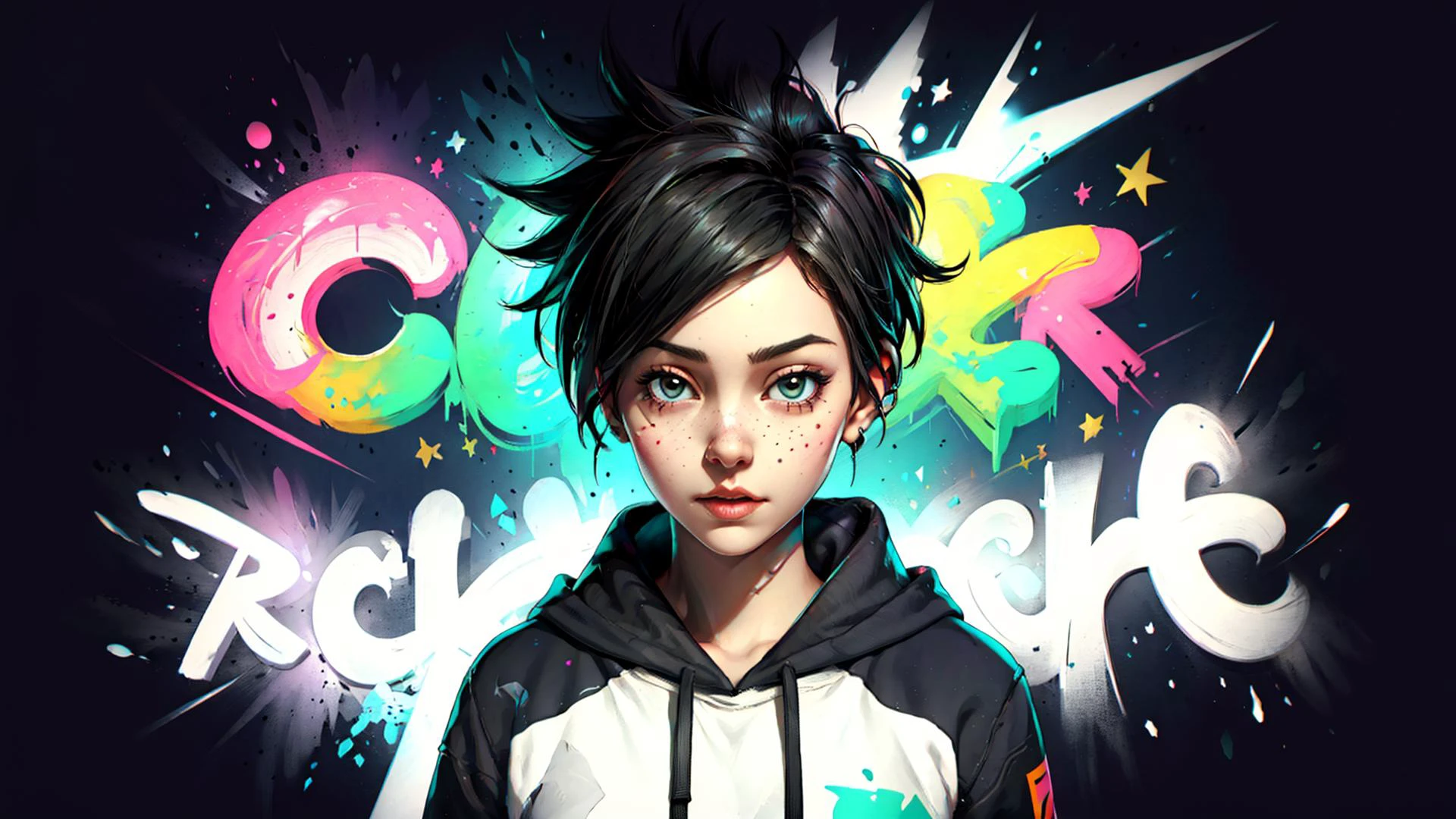 (masterpiece, best quality), ((1girl)), solo, full body, Tracer, <lora:tracerLast:0.8> white top, black open hoodie, little paint spots on hoodie,  (((night))), blacklight, <lyco:style_arknightse2art-10:1.0>, [(black background:1.5)::5], purple graffiti stripes, pink graffiti stripes, little cyan graffiti stripes, , graffiti,  <lyco:[LoCon] Graffiti è½æ¸ã Concept:0.5>, <lora:more_details:0.1>, <lora:add_detail:0.3>,