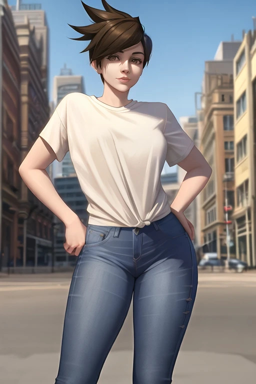 tracer, casual clothes, shirt, jeans, city street, sunlight, <lora:tracerOverwatchLORA_v1:0.7>, best quality