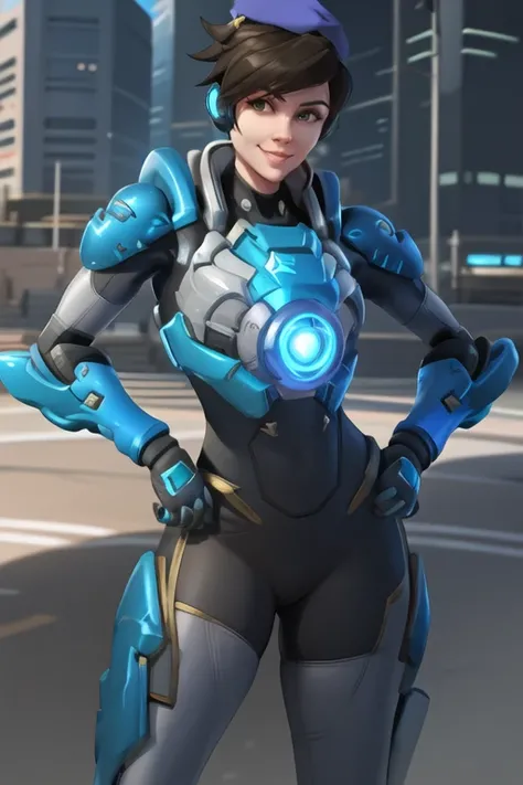 tracer, cadet uniform, beret, earpiece, standing, armor, hands on hips, looking at viewer, cheeky smile, futuristic city, best quality, <lora:tracerOverwatchLORA_v1:0.7>