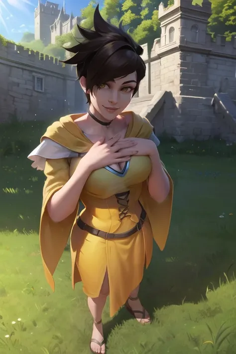 tracer, yellow medieval dress, sandals, hands on neck, smile, green grass field, medieval castle in background, sunlight, standing, <lora:tracerLast-000020:0.6>, best quality
