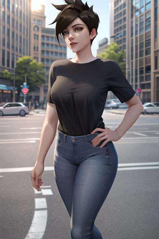 tracer, casual clothes, shirt,  jeans, city street, sunlight, <lora:tracerOverwatchLORA_v1:0.7>, best quality