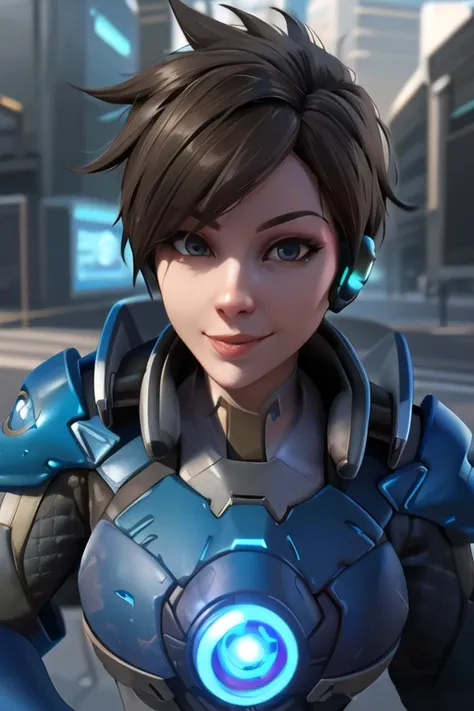 portrait, tracer, cadet uniform, beret, earpiece, standing, armor, looking at viewer, cheeky smile, futuristic city, best quality, <lora:tracerOverwatchLORA_v1:0.7>