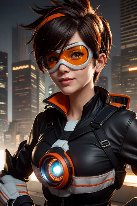 (8k, best quality, masterpiece:1.2), (realistic, photo-realistic:1.37), ultra-detailed, masterpiece, best quality, portrait, tracer, bomber jacket, chest harness, (orange goggles:1.4), futuristic city, looking at viewer, cheeky smile, sky, sunlight, best quality, <lora:tracerOverwatchLORA_v1:0.7>