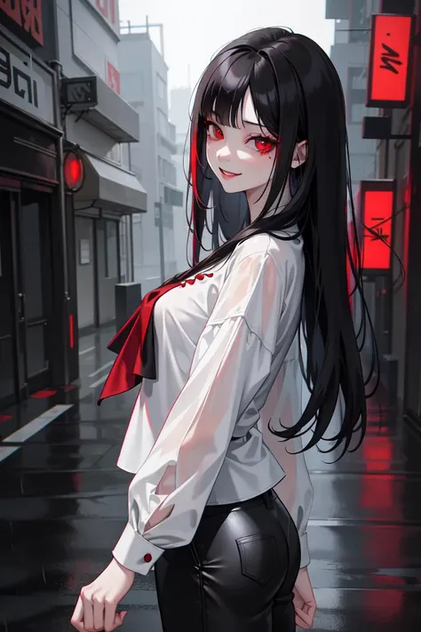 masterpiece, best quality,
(1girl), (vampire:0.7), (smile), red eyes, long silky black hair,
(white blouse:1.3), (loose trousers),
walk on a raining street, (buildings:1.2), rainy day, cyberpunk,
look at viewer,
from side, solo focus, dynamic angle, (full body:0.5),
(ink splash),
Perspective,
(chromatic aberration), cold color, partially colored,