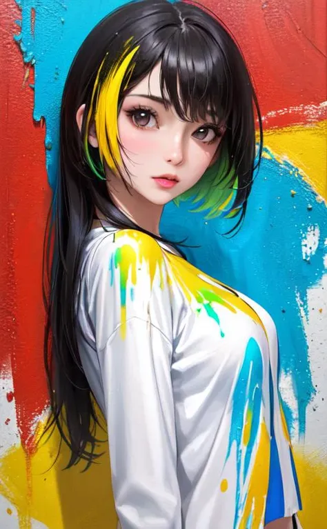 ultra resolution,
(photorealistic:1.3),
1 (slim:1.2) girl, solo, close up, upper body,
look at viewer,
paint splash, multicolor paint, multicolor, colorful