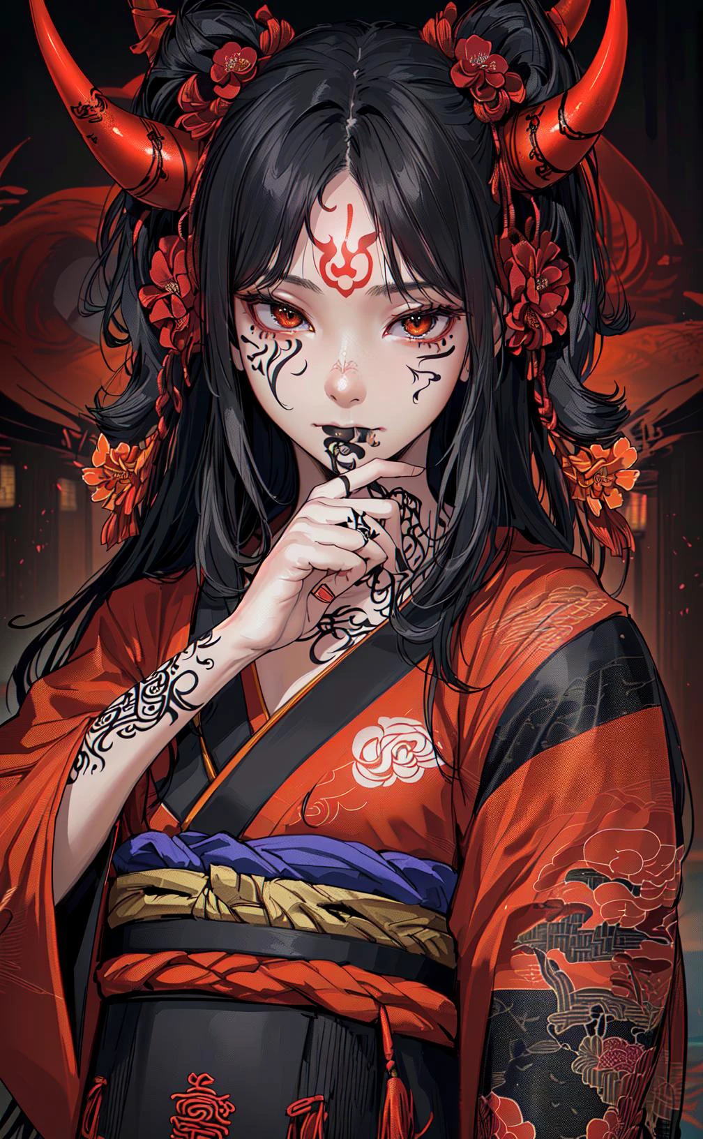 (photorealistic:1.3), masterpiece, best quality, (intricate details:1.2), (scenery:1.3), beautiful face, (black theme:1.3),
(((1girl, a girl in patterned kimono holding a dagger in her hand, (look at veiwer:1.3), (face tattoo:1.2), small oni horn,
))), full body, split in half