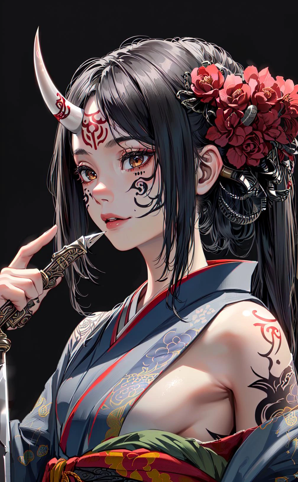 (photorealistic:1.3), masterpiece, best quality, (intricate details:1.2), (scenery:1.3), beautiful face, (black theme:1.3),
(((1girl, a girl in patterned kimono holding a dagger in her hand, (look at veiwer:1.3), (face tattoo:1.2), small oni horn,
))), full body, split in half