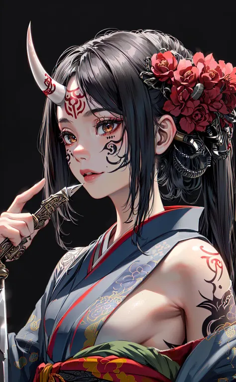 (photorealistic:1.3), masterpiece, best quality, (intricate details:1.2), (scenery:1.3), beautiful face, (black theme:1.3), 
(((1girl, a girl in patterned kimono holding a dagger in her hand, (look at veiwer:1.3), (face tattoo:1.2), small oni horn, 
))), full body, split in half