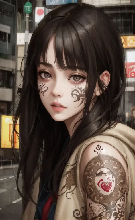 (photorealistic:1.3), masterpiece, best quality, (intricate details:1.2), (scenery:1.3), solo, face focus, (close up:0.8), ultra high res, right anatomy, detailed skin, beautiful face,
1 girl, girl in patterned jacket, detailed eyes with complicated pupils, (look at veiwer:1.3), (face tattoo:1.2), tattoo,
rainy cyberpunk street,
(ink wash), chaos,
