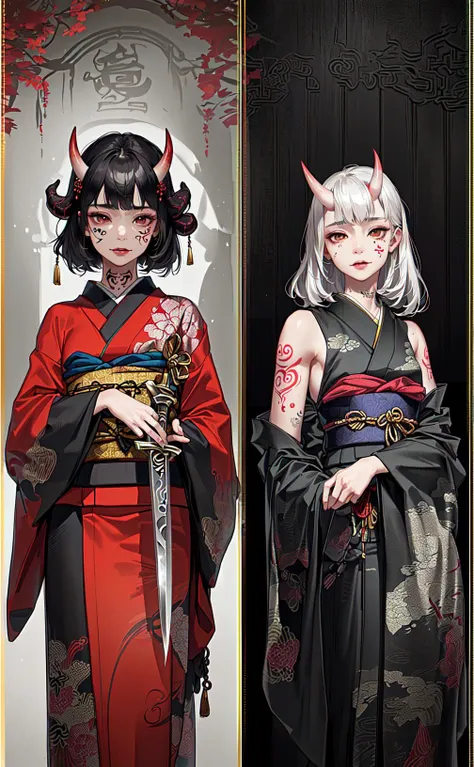 (photorealistic:1.3), masterpiece, best quality, (intricate details:1.2), (scenery:1.3), beautiful face, (black theme:1.3),
(((1girl, a girl in patterned kimono holding a dagger in her hand, (look at veiwer:1.3), (face tattoo:1.2), small oni horn,
))), full body, split in half