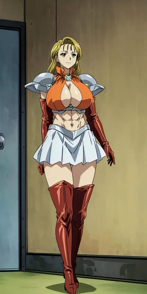 masterpiece, high quality, best quality, 1girl, (muscular:1), muscles, abs, biceps, thighs, obliques, abs lines, naval, fit, (super gigantic breasts:1.0), buffed, (closed mouth, half smile), nkoishikawa, blonde hair, long hair, green eyes, huge breasts, cleavage, armor, hunterarmor, white skirt, red thigh-high boots, elbow gloves, anime screencap, anime key visual, full body, 2020s \(style\) <lora:NamiKoishikawa:1>