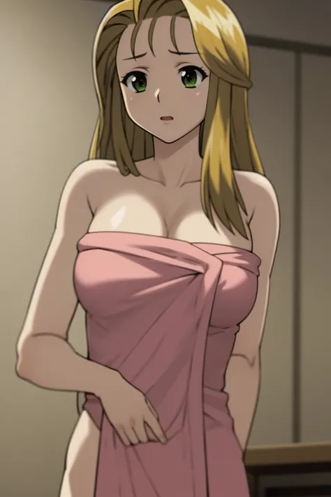 masterpiece, best quality,1girl, nkoishikawa, solo, blonde hair, long hair, green eyes, pink towel, naked, simple background <lora:NamiKoishikawa:1>
