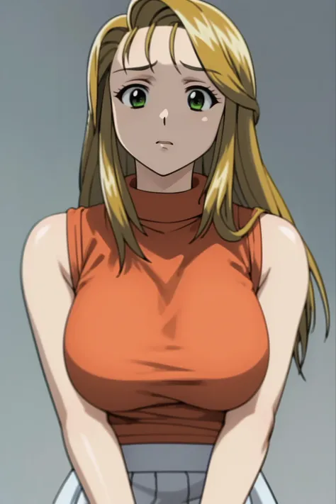 masterpiece, best quality,1girl, nkoishikawa, solo, blonde hair, long hair, green eyes, orange turtleneck sleeveless t-shirt, white skirt, simple background <lora:NamiKoishikawa:1>