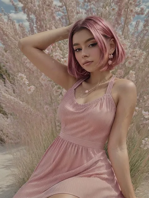 (8k, best quality, masterpiece:1.2, realistic:1.37, photorealism), <lora:Dora (Mentaldora) v1.3 lite:0.7>, girl, dora, pink hair, bob hairtsyle, brown eyes, dress, dynamic pose, dynamic angle, flowers in the background