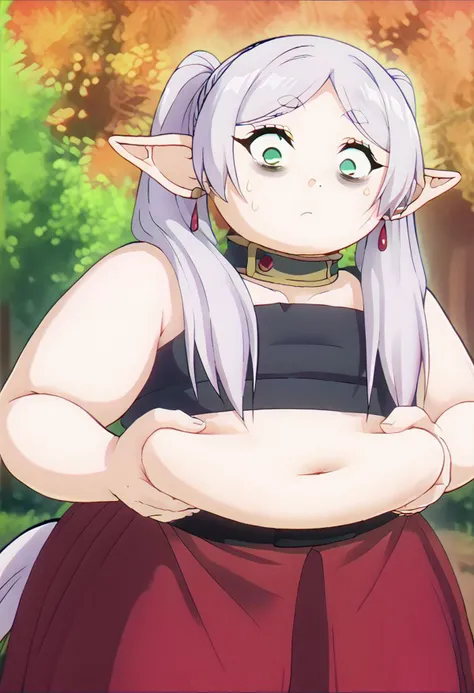 <lora:fatroll_grab_ponyxl_v1:1>, 1girl, solo, fatroll grab, standing, tank top, shorts, scared, shaded face, looking down, sweatdrop, sfrieren, <lora:sfrieren_ponyxl:0.5>, red earrings, green eyes,
score_9, score_8_up, score_7_up, score_6_up, anime, uncensored, <lora:merrytail_pony_v1-000012:1>, chubby, plump, bbw