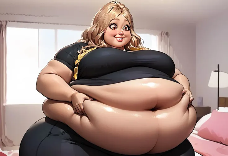 1 woman, massively morbidly obese, immobile fat, huge fat belly, fattest possible belly, round belly, belly bulging, beautiful, beautiful hazel eyes, fat legs, pouty lips, tight leggings, tight crop top t-shirt, fat face, double chin, fat arms, large breasts, she is standing in a bedroom room grabbing and jiggling her fat belly, smiling flirtatiously