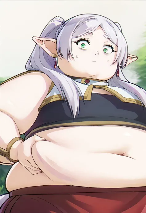 <lora:fatroll_grab_ponyxl_v1:1>, 1girl, solo, fatroll grab, standing, crop top, shorts, scared, shaded face, looking down, sweatdrop, sfrieren, <lora:sfrieren_ponyxl:0.5>, red earrings, green eyes, medium breasts,
score_9, score_8_up, score_7_up, score_6_up, anime, uncensored, <lora:merrytail_pony_v1-000012:1>, plump, (bbw), fat, fat rolls, overweight, double chin, ssbbw