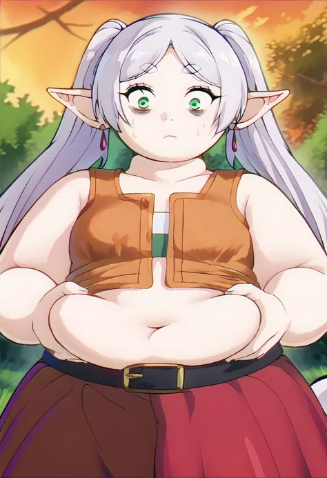 <lora:fatroll_grab_ponyxl_v1:1>, 1girl, solo, fatroll grab, standing, tank top, shorts, scared, shaded face, looking down, sweatdrop, sfrieren, <lora:sfrieren_ponyxl:0.5>, red earrings, green eyes,
score_9, score_8_up, score_7_up, score_6_up, anime, uncensored, <lora:merrytail_pony_v1-000012:1>, chubby, plump, bbw