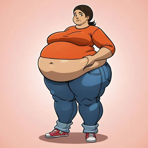 Full body Portrait, 1 woman, beautiful, latina, obese, big belly, tight lowcut jeans, belly hanging out, fat bulging from the sides of her pants, round belly, big belly, fat face, double chin, view from the front, tight t shirt, large breasts, fat legs, grabbing her own belly, her fat belly has caused her pants button to pop off