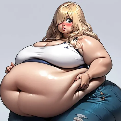 embedding:urn:air:sd1:embedding:civitai:222256@250708, Massively obese woman, ((Huge fat belly: 1.5), tight clothing, fat belly bulging, beautiful face, Grey eyes, blond hair, long bangs covering one eye, jeans, sports bra, grabbing her own belly, blushing, chubby face, double chin, big belly, fat belly, ((round belly)), pouty lips, massive belly, fat legs, deep navel, plump breasts.
