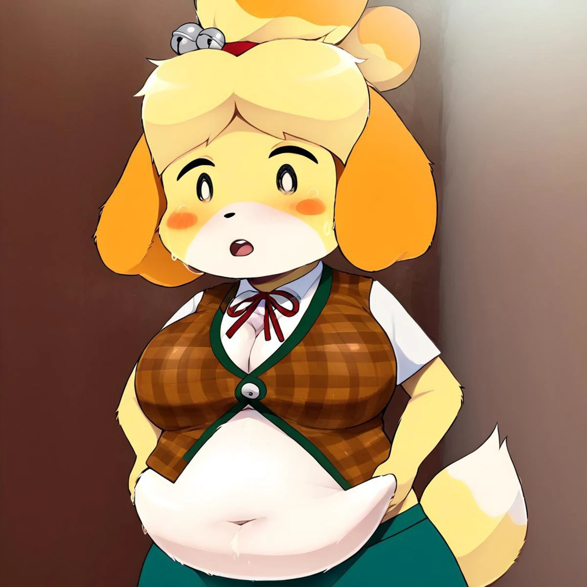 art by dagasi, dagasi_style, (((best quality))), solo, standing, park, (upper body close-up), (furry), isabelle \(animal crossing\), plaid vest, blue skirt, white undershirt, short sleeves, leaf pattern, button up, Buttongap, hair bell, jingle bell, hair ornament, hair tie, neck ribbon, ((yellow fur)), ((body fur)), (smooth fur), large breasts, (fat belly, bellysag, big belly:0.8), fatroll grab, sweat, perspiration, gasp, looking down at belly