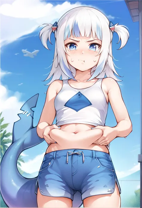 <lora:fatroll_grab_ponyxl_v1:1>, 1girl, fatroll grab, standing, tank top, shorts, midriff, annoyed, pout, sweatdrop, tearing up, solo, pitvinm, gawr gura, medium hair, blue eyes, shark tail, multicolored hair, white hair, blue hair, hair ornament,
score_9, score_8_up, score_7_up, score_6_up, anime, uncensored, <lora:merrytail_pony_v1-000012:1>