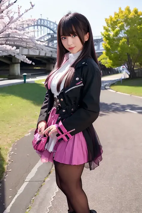 1girl, jacket, shock_pink skirt, (black tights), short boots, lips, lipstick, realistic, solo, standing, best quality, photorealistic, masterpiece, 8k, high res, solo, (((woman))), (medium breast), ((looking at the viewer)), (looking at the camera), (long hair), (professional lighting, bokeh),top angle view, extremely detailed face, fashionable and trendy atmosphere, japan, street, park, river, bridge, sakura, sakura blossom, ((daytime)), (portrait:0.6), seductive smile, gorgeous, floating hair, (light particles, lens flare, glowing particles:0.6), (dynamic pose:1.2), soft lighting, brown hair, full body, narrow face, smile, mask, japanese, gothic, heterochromia eye, purple left eye, blue right eye, beroba, uniform, black hair with highlight, nail_polish, pink_nails, <lora:Beroba:0.8>