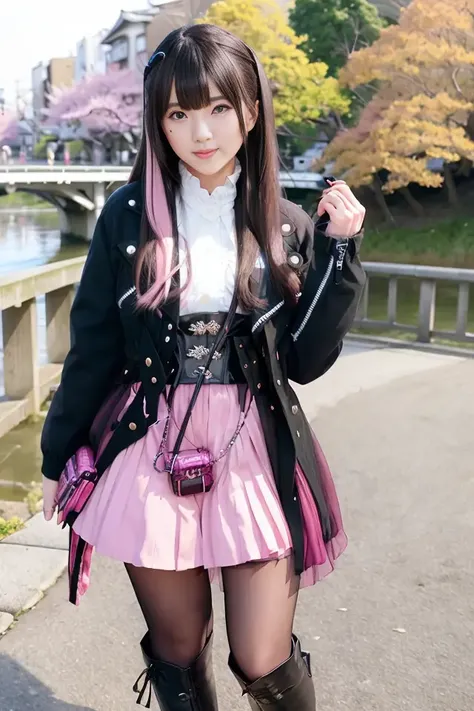 1girl, jacket, shock pink skirt, (black tights), (black pantyhose), (short boots), lips, lipstick, realistic, solo, standing, best quality, photorealistic, masterpiece, 8k, high res, solo, (((woman))), (medium breast), ((looking at the viewer)), (looking at the camera), (long hair), (professional lighting, bokeh),top angle view, extremely detailed face, fashionable and trendy atmosphere, japan, street, park, river, bridge, sakura, sakura blossom, ((daytime)), (portrait:0.6), seductive smile, gorgeous, floating hair, (light particles, lens flare, glowing particles:0.6), (dynamic pose:1.2), soft lighting, brown hair, full body, narrow face, smile, mask, japanese, gothic, heterochromia eye, purple left eye, blue right eye, beroba, uniform, black hair with highlight, nail_polish, pink_nails, <lora:Beroba:0.8>