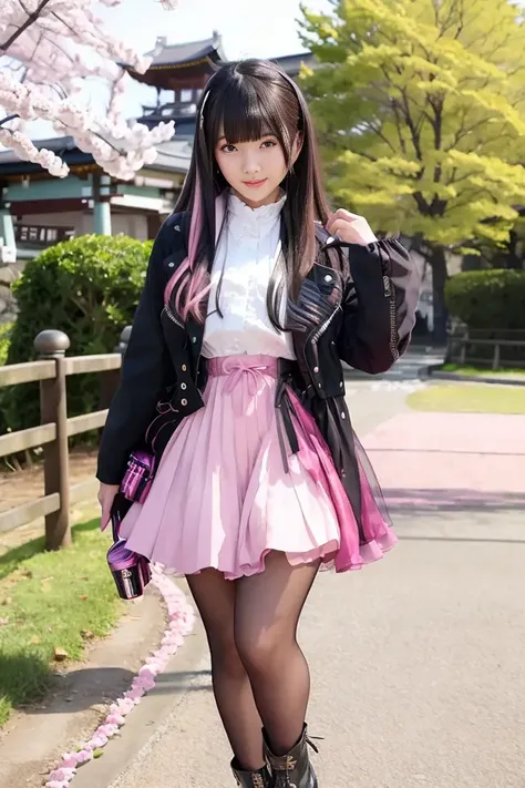 1girl, jacket, shock_pink skirt, (black tights), short boots, lips, lipstick, realistic, solo, standing, best quality, photorealistic, masterpiece, 8k, high res, solo, (((woman))), (medium breast), ((looking at the viewer)), (looking at the camera), (long hair), (professional lighting, bokeh),top angle view, extremely detailed face, fashionable and trendy atmosphere, japan, street, park, river, bridge, sakura, sakura blossom, ((daytime)), (portrait:0.6), seductive smile, gorgeous, floating hair, (light particles, lens flare, glowing particles:0.6), (dynamic pose:1.2), soft lighting, brown hair, full body, narrow face, smile, mask, japanese, gothic, heterochromia eye, purple left eye, blue right eye, beroba, uniform, black hair with highlight, nail_polish, pink_nails, <lora:Beroba:0.8>