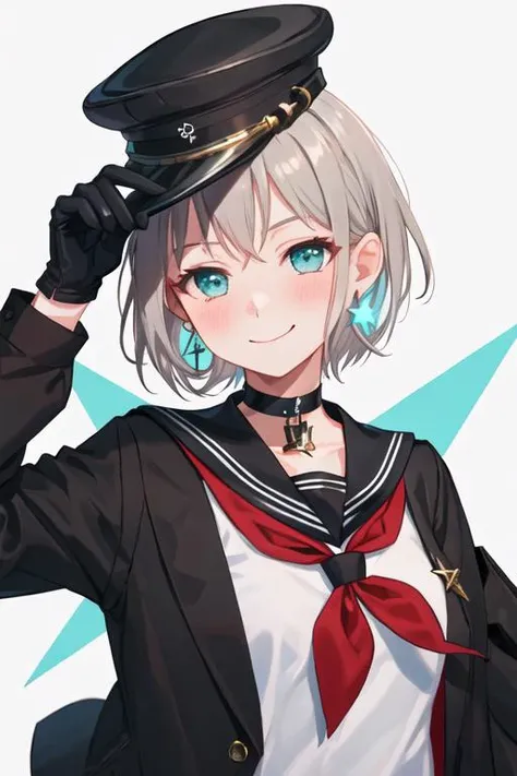 best quality, masterpiece, highres, solo, {aoba_moca_bangdream:1.15}, short_hair, grey_hair, bangs, blush, smile, blue_eyes, 1girl, choker, hat, looking_at_viewer, neckerchief, red_shirt, sailor_collar, shirt, star_\(symbol\), black_choker, black_gloves, gloves, black_headwear, half_gloves, long_sleeves, upper_body, black_neckerchief, black_sailor_collar, peaked_cap, school_uniform, serafuku, aqua_eyes, closed_mouth, collarbone, earrings, jewelry
