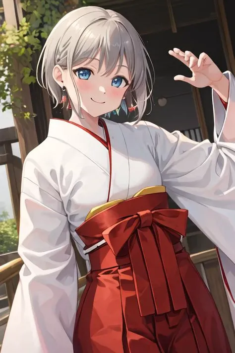 best quality, masterpiece, highres, solo, {white kimono:1.35}, {red hakama:1.35}, {wide sleeves:1.20}, {aoba_moca_bangdream:1.15}, short_hair, grey_hair, bangs, blush, smile, blue_eyes
