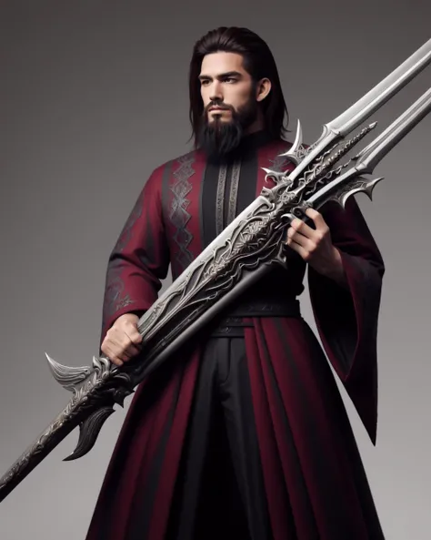 beard man, <lora:shrimp_v1:0.5>, long sleeves, holding, jewelry, weapon, sword, wide sleeves, gradient, realistic, fantasy, huge weapon, oversized object