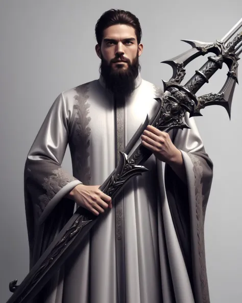 beard man, <lora:shrimp_v1:0.5>, long sleeves, holding, jewelry, weapon, sword, wide sleeves, gradient, realistic, fantasy, huge weapon, oversized object