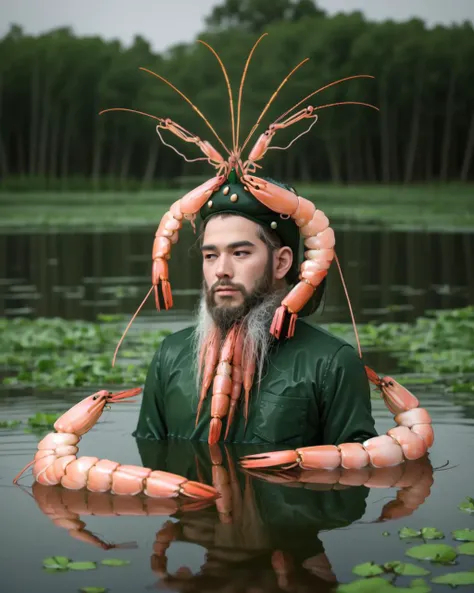 (shrimp:1.2), hat, swamp, TMYM, hair ornament, antennae, lake, what, surreal, beard man, <lora:shrimp_v1:0.5>